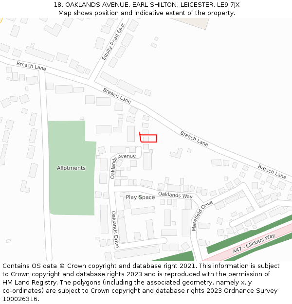 18, OAKLANDS AVENUE, EARL SHILTON, LEICESTER, LE9 7JX: Location map and indicative extent of plot