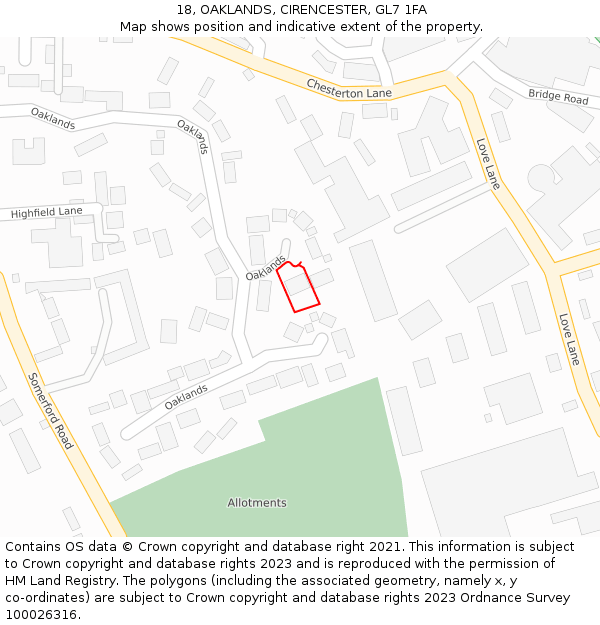 18, OAKLANDS, CIRENCESTER, GL7 1FA: Location map and indicative extent of plot