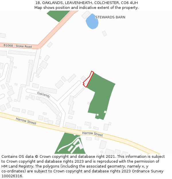 18, OAKLANDS, LEAVENHEATH, COLCHESTER, CO6 4UH: Location map and indicative extent of plot