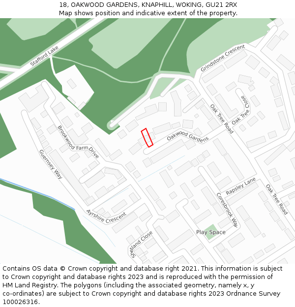 18, OAKWOOD GARDENS, KNAPHILL, WOKING, GU21 2RX: Location map and indicative extent of plot