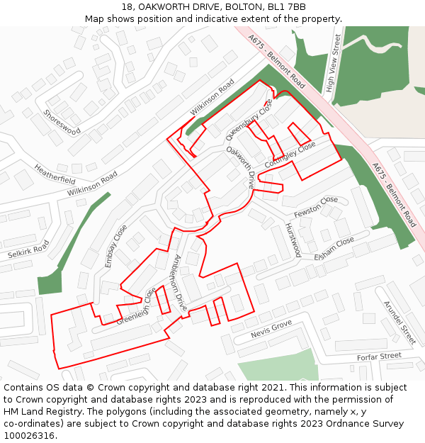 18, OAKWORTH DRIVE, BOLTON, BL1 7BB: Location map and indicative extent of plot