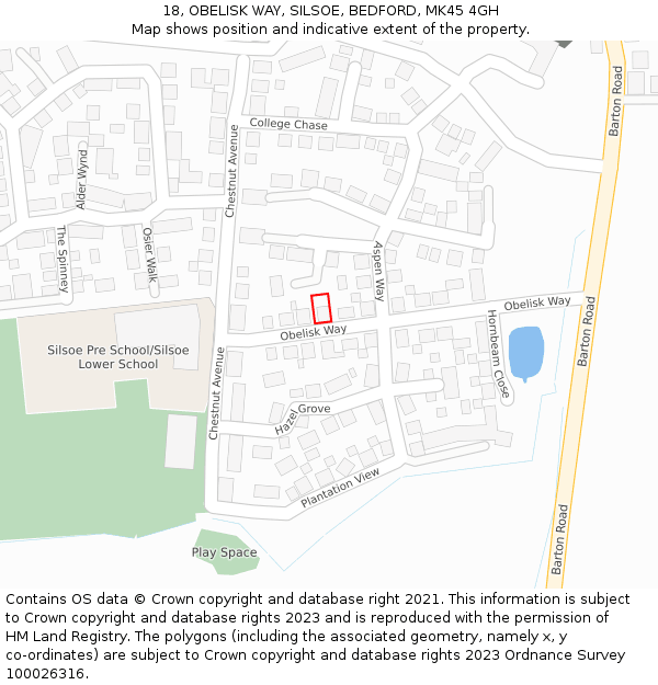 18, OBELISK WAY, SILSOE, BEDFORD, MK45 4GH: Location map and indicative extent of plot