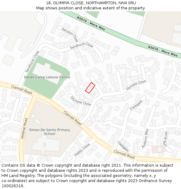 18, OLYMPIA CLOSE, NORTHAMPTON, NN4 0RU: Location map and indicative extent of plot