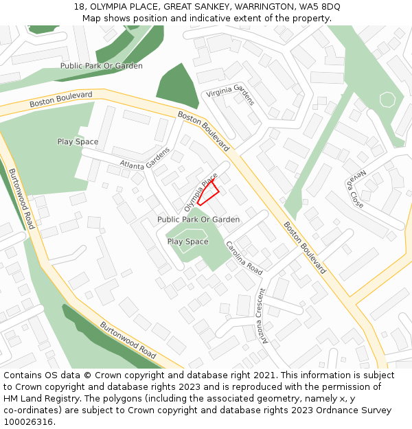 18, OLYMPIA PLACE, GREAT SANKEY, WARRINGTON, WA5 8DQ: Location map and indicative extent of plot