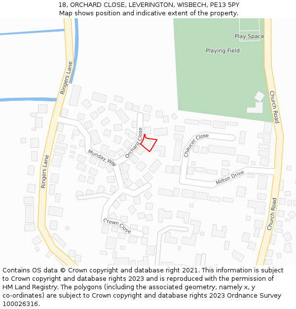 18, ORCHARD CLOSE, LEVERINGTON, WISBECH, PE13 5PY: Location map and indicative extent of plot