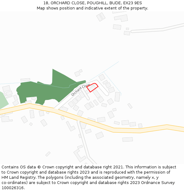 18, ORCHARD CLOSE, POUGHILL, BUDE, EX23 9ES: Location map and indicative extent of plot