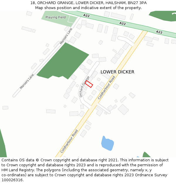 18, ORCHARD GRANGE, LOWER DICKER, HAILSHAM, BN27 3PA: Location map and indicative extent of plot