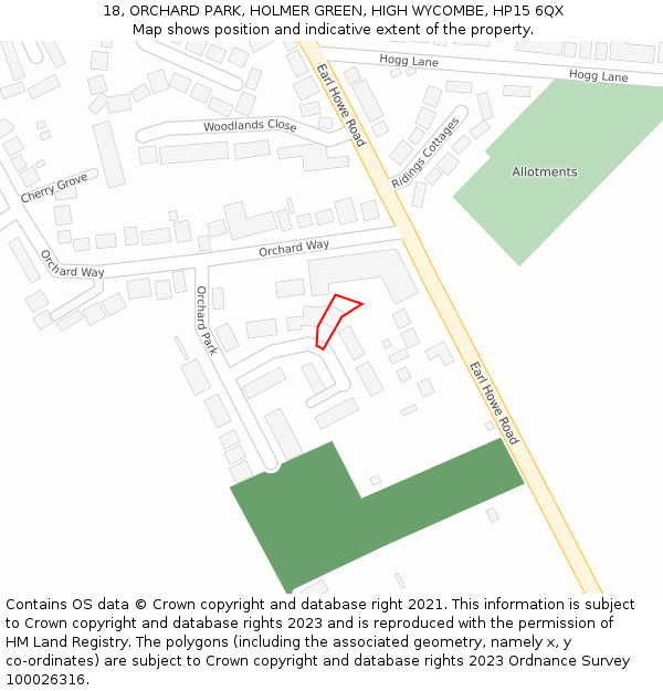 18, ORCHARD PARK, HOLMER GREEN, HIGH WYCOMBE, HP15 6QX: Location map and indicative extent of plot