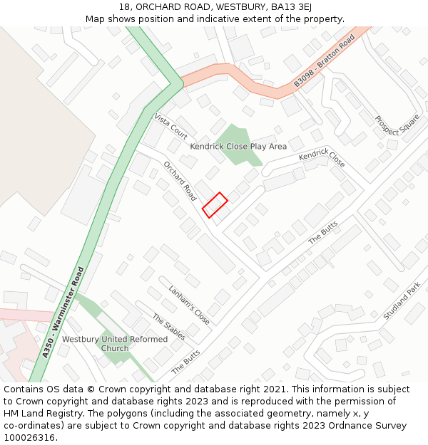 18, ORCHARD ROAD, WESTBURY, BA13 3EJ: Location map and indicative extent of plot