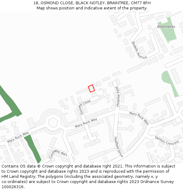 18, OSMOND CLOSE, BLACK NOTLEY, BRAINTREE, CM77 8FH: Location map and indicative extent of plot