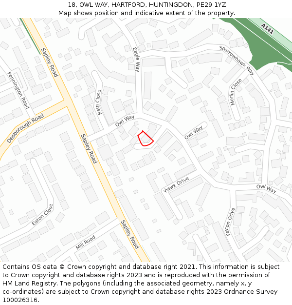 18, OWL WAY, HARTFORD, HUNTINGDON, PE29 1YZ: Location map and indicative extent of plot