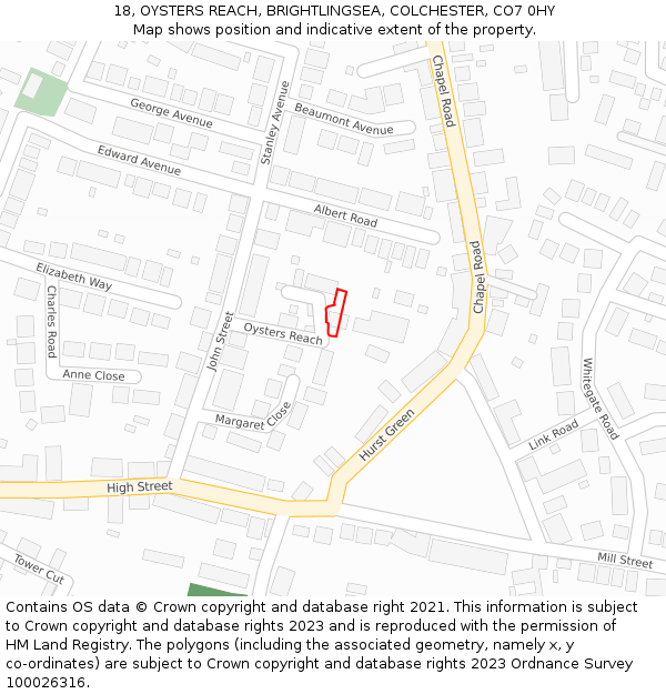 18, OYSTERS REACH, BRIGHTLINGSEA, COLCHESTER, CO7 0HY: Location map and indicative extent of plot