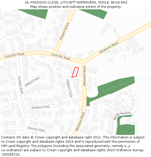 18, PADDOCK CLOSE, LYTCHETT MATRAVERS, POOLE, BH16 6AZ: Location map and indicative extent of plot