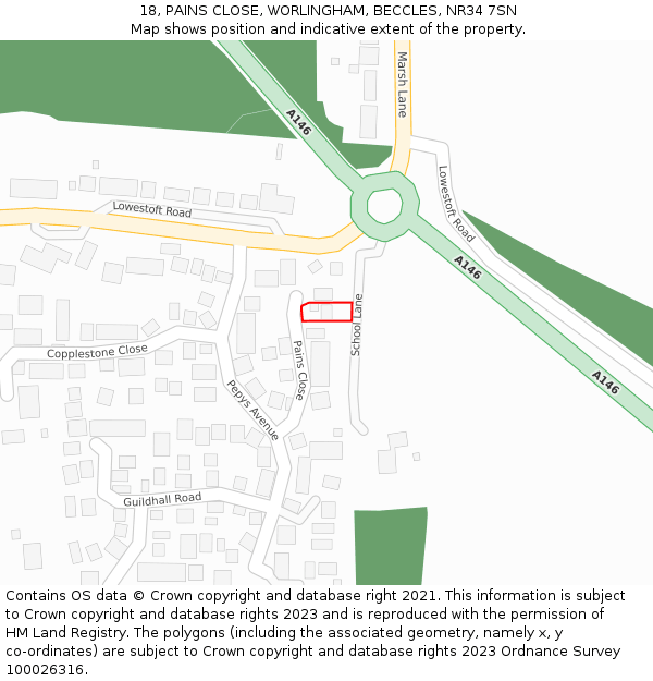 18, PAINS CLOSE, WORLINGHAM, BECCLES, NR34 7SN: Location map and indicative extent of plot