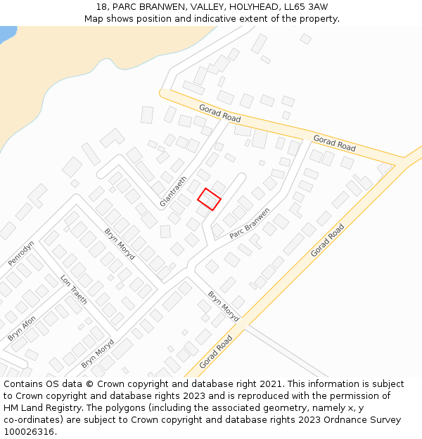18, PARC BRANWEN, VALLEY, HOLYHEAD, LL65 3AW: Location map and indicative extent of plot