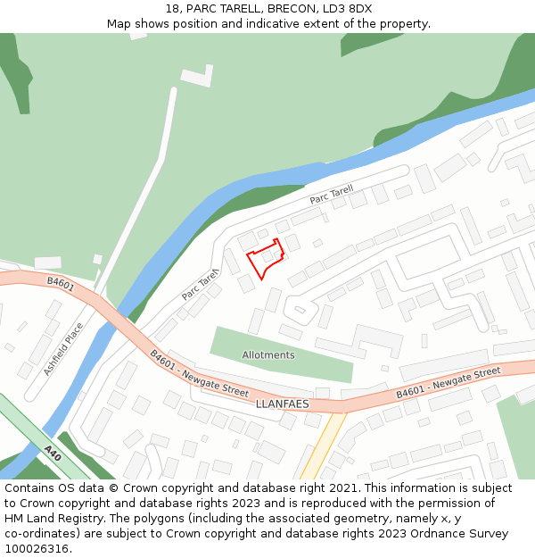 18, PARC TARELL, BRECON, LD3 8DX: Location map and indicative extent of plot