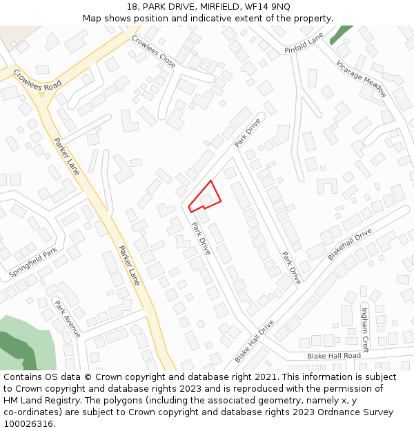 18, PARK DRIVE, MIRFIELD, WF14 9NQ: Location map and indicative extent of plot
