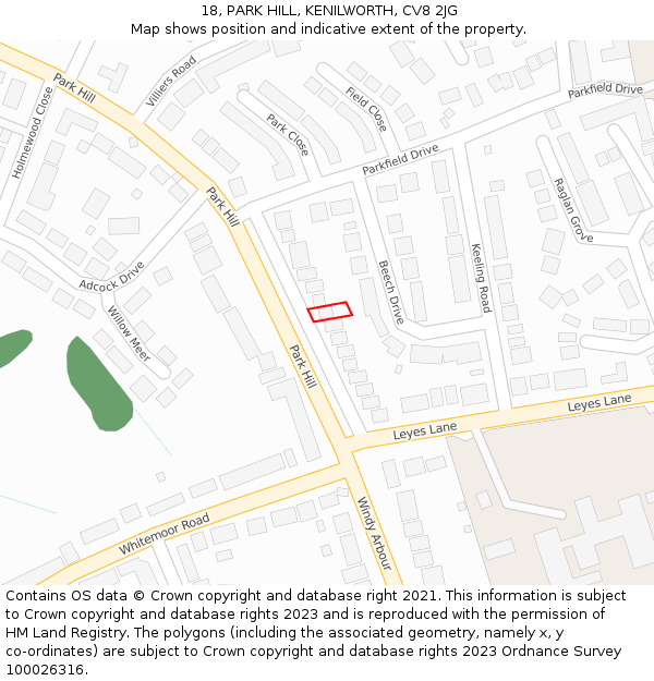 18, PARK HILL, KENILWORTH, CV8 2JG: Location map and indicative extent of plot