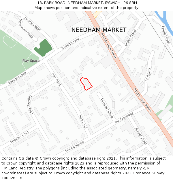 18, PARK ROAD, NEEDHAM MARKET, IPSWICH, IP6 8BH: Location map and indicative extent of plot