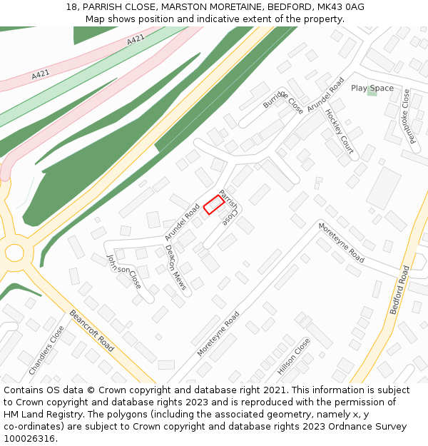 18, PARRISH CLOSE, MARSTON MORETAINE, BEDFORD, MK43 0AG: Location map and indicative extent of plot