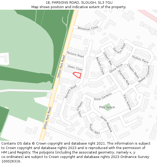 18, PARSONS ROAD, SLOUGH, SL3 7GU: Location map and indicative extent of plot