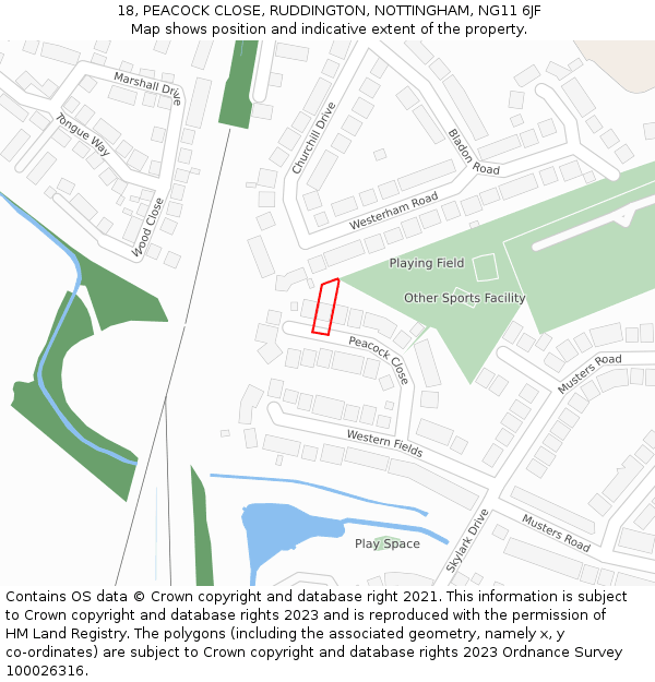 18, PEACOCK CLOSE, RUDDINGTON, NOTTINGHAM, NG11 6JF: Location map and indicative extent of plot