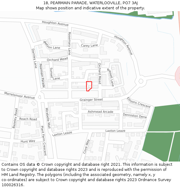 18, PEARMAIN PARADE, WATERLOOVILLE, PO7 3AJ: Location map and indicative extent of plot