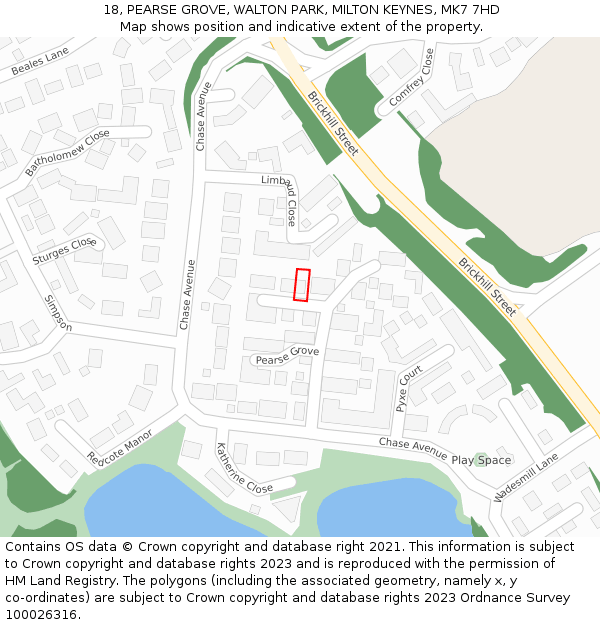 18, PEARSE GROVE, WALTON PARK, MILTON KEYNES, MK7 7HD: Location map and indicative extent of plot