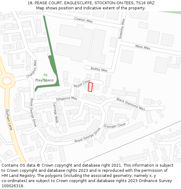 18, PEASE COURT, EAGLESCLIFFE, STOCKTON-ON-TEES, TS16 0RZ: Location map and indicative extent of plot