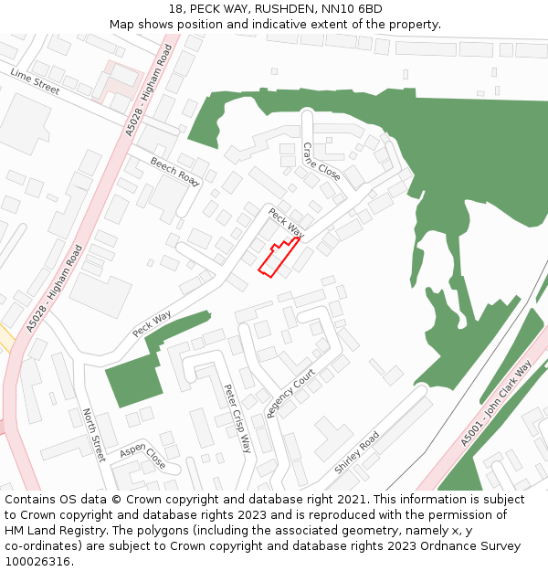 18, PECK WAY, RUSHDEN, NN10 6BD: Location map and indicative extent of plot