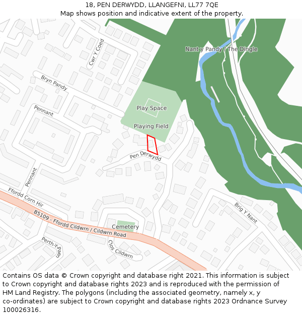18, PEN DERWYDD, LLANGEFNI, LL77 7QE: Location map and indicative extent of plot