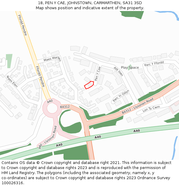 18, PEN Y CAE, JOHNSTOWN, CARMARTHEN, SA31 3SD: Location map and indicative extent of plot