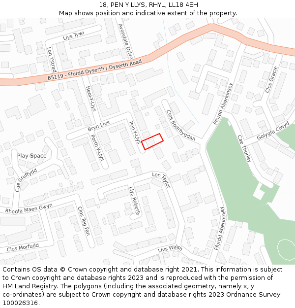 18, PEN Y LLYS, RHYL, LL18 4EH: Location map and indicative extent of plot