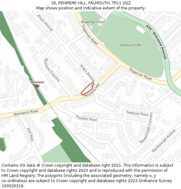 18, PENMERE HILL, FALMOUTH, TR11 2QZ: Location map and indicative extent of plot