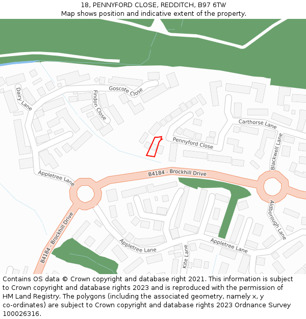 18, PENNYFORD CLOSE, REDDITCH, B97 6TW: Location map and indicative extent of plot