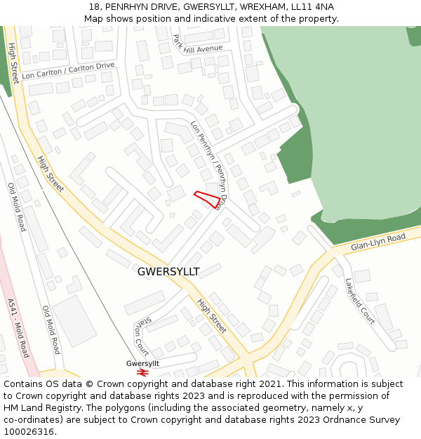 18, PENRHYN DRIVE, GWERSYLLT, WREXHAM, LL11 4NA: Location map and indicative extent of plot