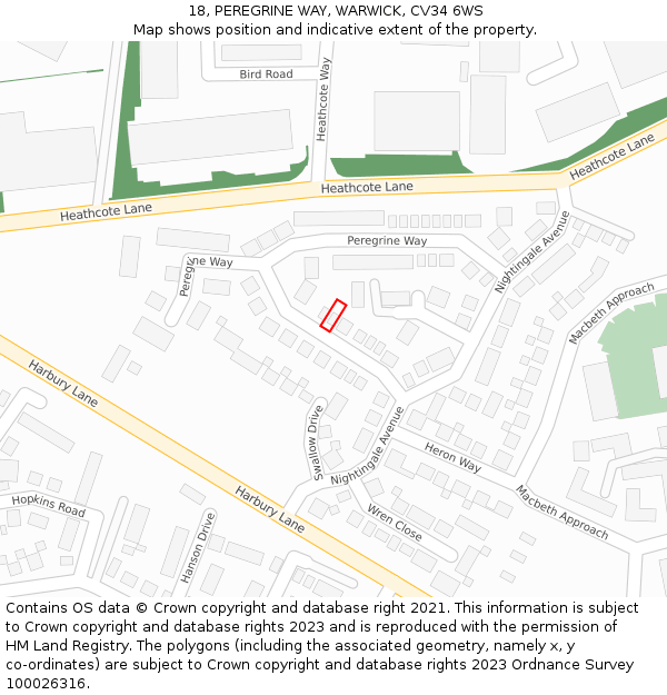 18, PEREGRINE WAY, WARWICK, CV34 6WS: Location map and indicative extent of plot