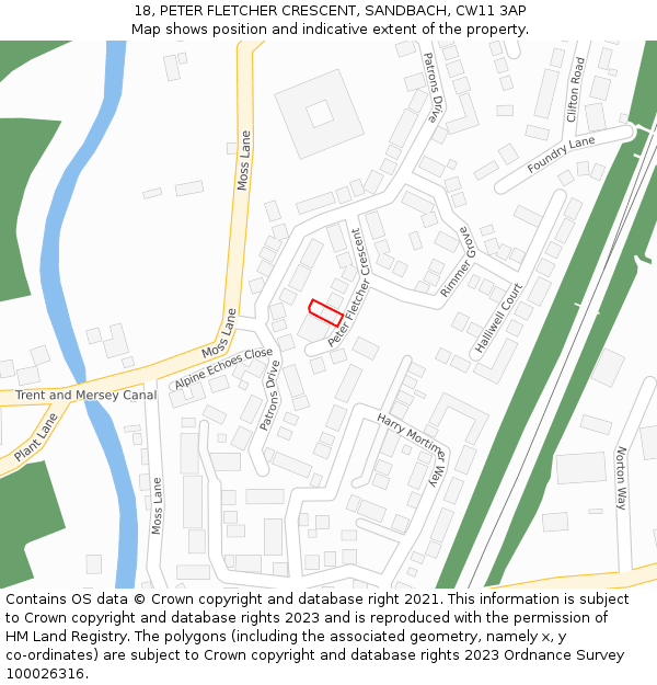 18, PETER FLETCHER CRESCENT, SANDBACH, CW11 3AP: Location map and indicative extent of plot