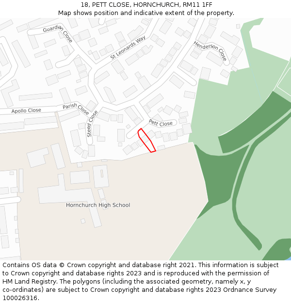 18, PETT CLOSE, HORNCHURCH, RM11 1FF: Location map and indicative extent of plot