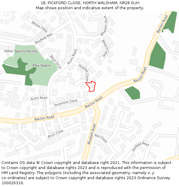 18, PICKFORD CLOSE, NORTH WALSHAM, NR28 0UH: Location map and indicative extent of plot