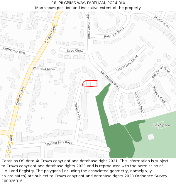 18, PILGRIMS WAY, FAREHAM, PO14 3LX: Location map and indicative extent of plot