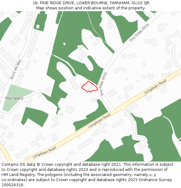 18, PINE RIDGE DRIVE, LOWER BOURNE, FARNHAM, GU10 3JR: Location map and indicative extent of plot