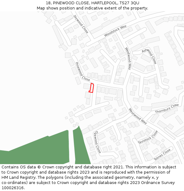 18, PINEWOOD CLOSE, HARTLEPOOL, TS27 3QU: Location map and indicative extent of plot