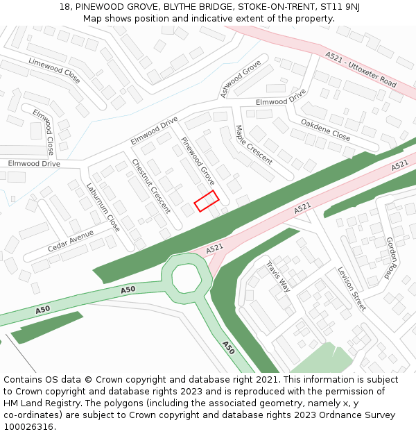 18, PINEWOOD GROVE, BLYTHE BRIDGE, STOKE-ON-TRENT, ST11 9NJ: Location map and indicative extent of plot