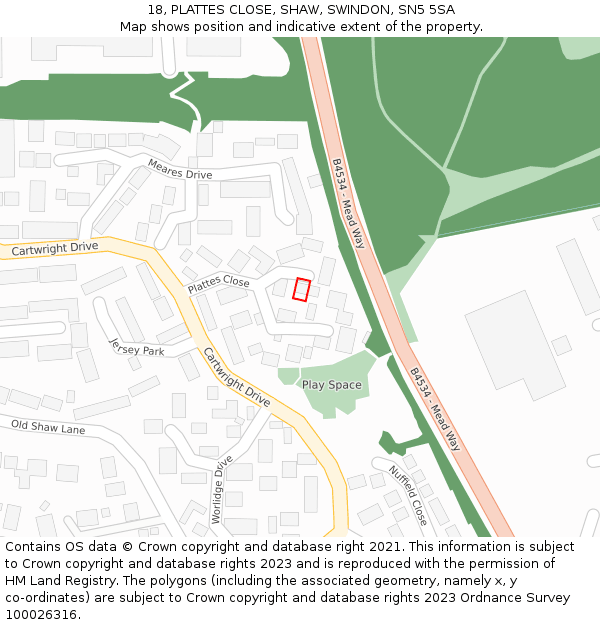 18, PLATTES CLOSE, SHAW, SWINDON, SN5 5SA: Location map and indicative extent of plot