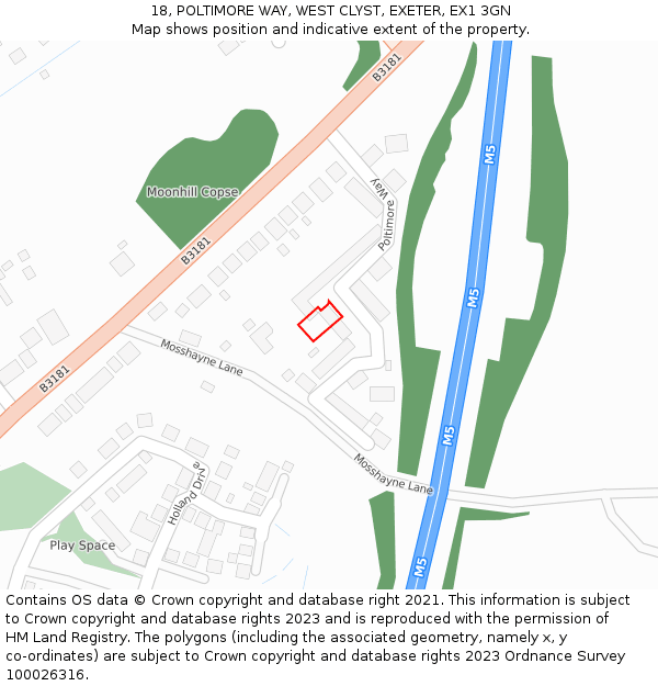 18, POLTIMORE WAY, WEST CLYST, EXETER, EX1 3GN: Location map and indicative extent of plot