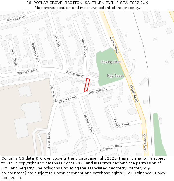 18, POPLAR GROVE, BROTTON, SALTBURN-BY-THE-SEA, TS12 2UX: Location map and indicative extent of plot