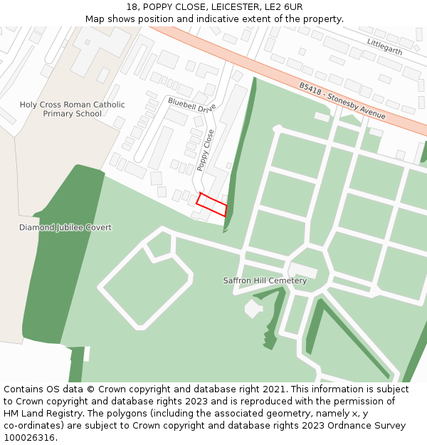 18, POPPY CLOSE, LEICESTER, LE2 6UR: Location map and indicative extent of plot