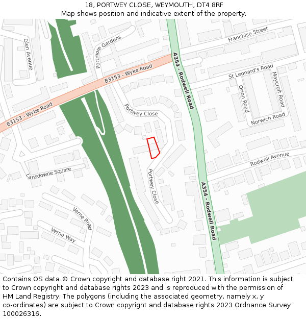 18, PORTWEY CLOSE, WEYMOUTH, DT4 8RF: Location map and indicative extent of plot