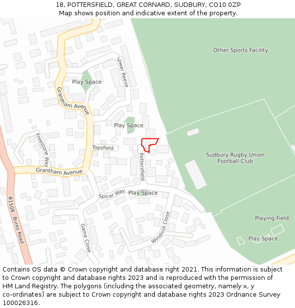 18, POTTERSFIELD, GREAT CORNARD, SUDBURY, CO10 0ZP: Location map and indicative extent of plot